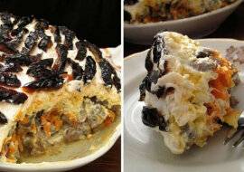 Pyszna sałatka warstwowa z wątróbką, pieczarkami i śliwkami