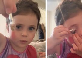 Dziewczynka bierze makeup mamy i tworzy słodki instruktaż