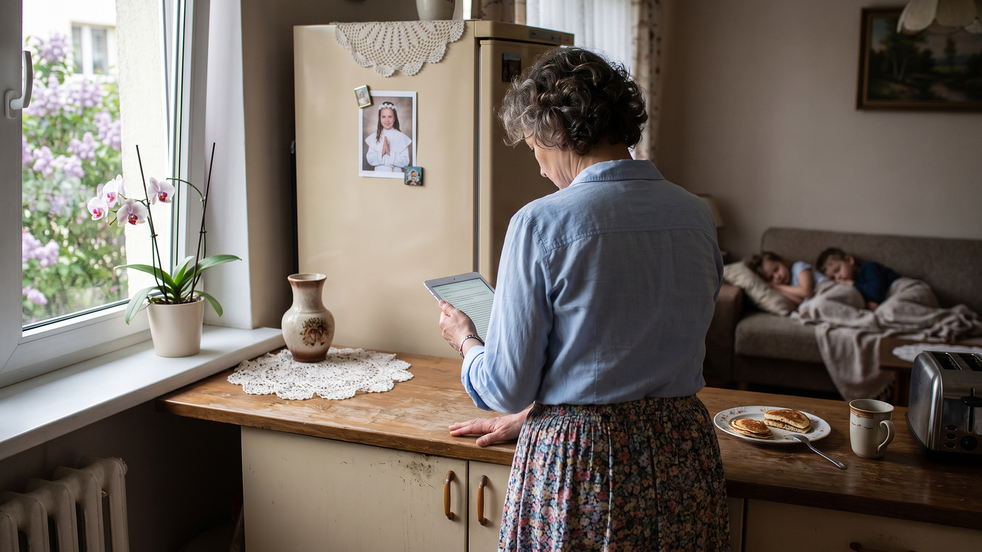 Tablet w kuchni mamy męża - wnuki oglądają na nim bajki, jak przyjeżdżają. W sobotę tablet mrugnął: nowe zdjęcia z telefonu męża, samo się zgrywa. Jezioro, pomost, koc i dwie pary bosych stóp. Mąż był w sobotę "na rybach z Edkiem"